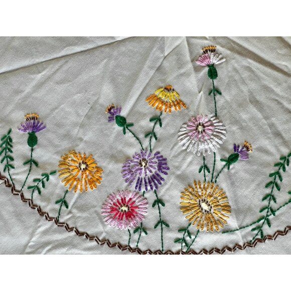 Hand Embroidered Round Tablecloth Floral 58.5” D. Pale Pink/Beige Taupe Hem VTG - Picture 4 of 12